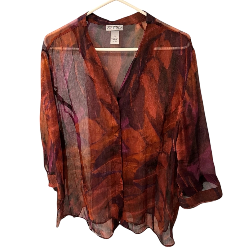 Colorful Sheer Women's blouse with matching brown silky tank top 2X